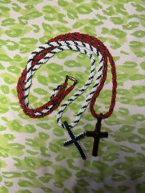Beaded Cross Necklace Set - Red, Black & White